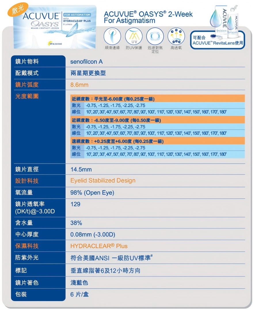 Acuvue Oasys 2week Toric | 散光 | BC 8.6 | 6P
