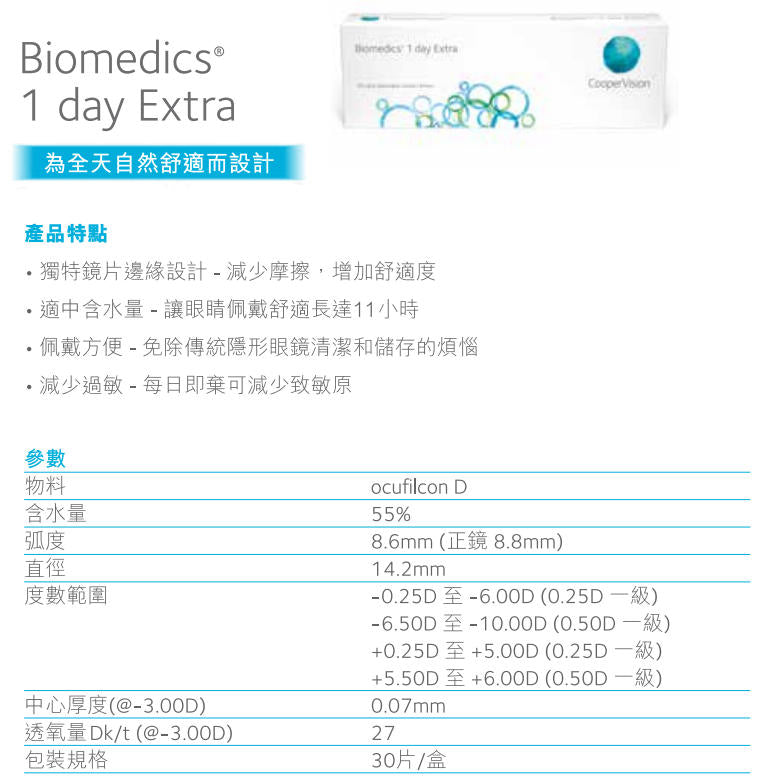 CooperVision Biomedics Extra 1Day | 近視 | BC 8.6 | 30P